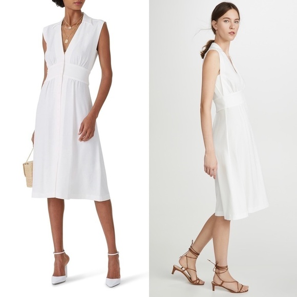 BA&SH Ivory Crepe Sleeveless Shirt Collar Gathered Button Front Midi Dress XS - Picture 3 of 14